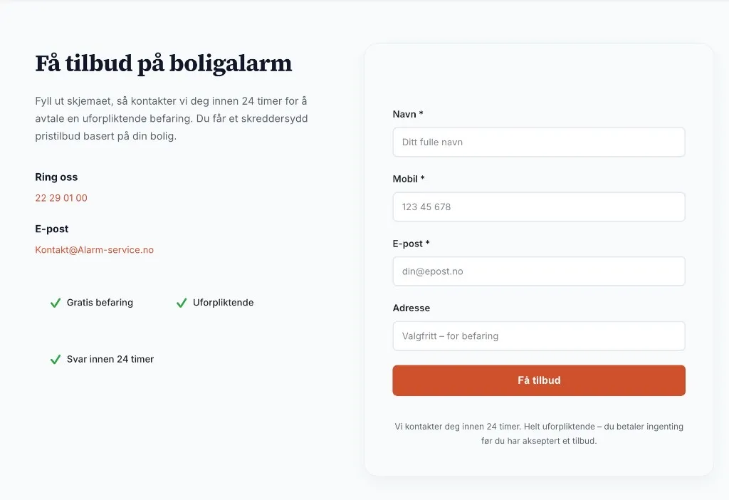 Tilbudsskjema for boligalarm — leadgenerering med kontaktinfo og CTA