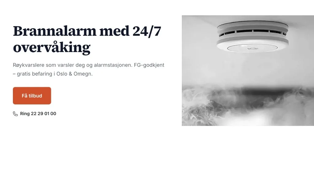Brannalarm med 24/7 overvåking — landingsside med CTA og produktfoto