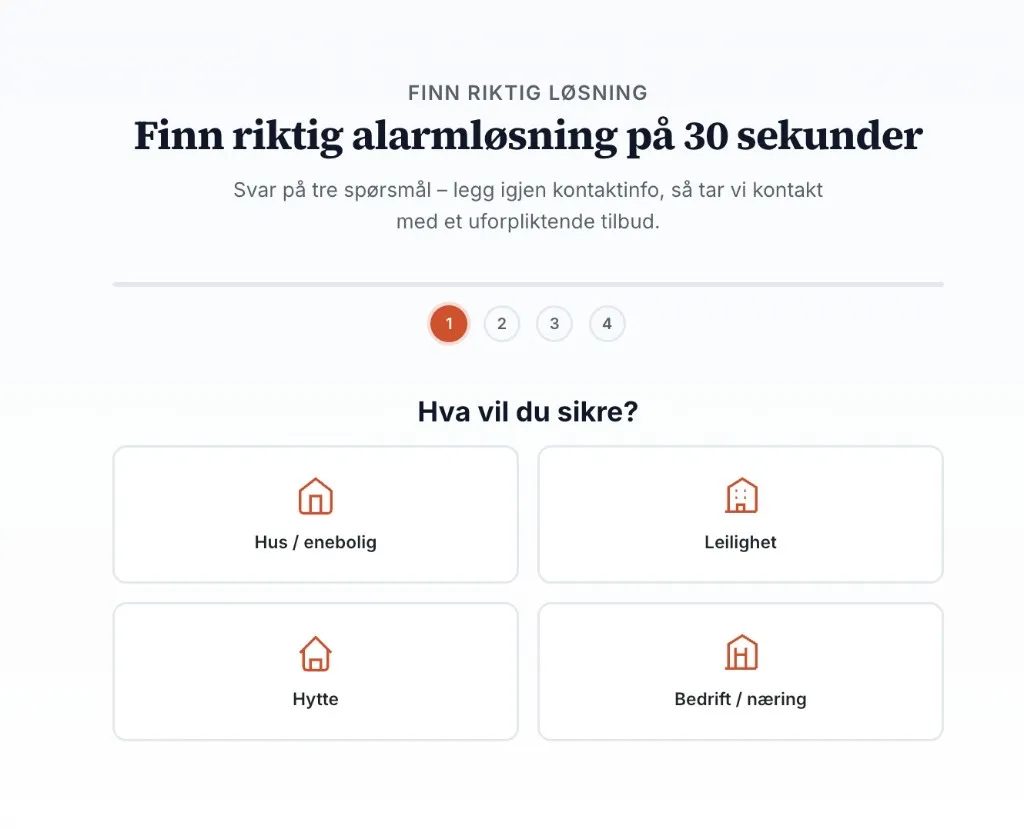 Finn riktig alarmløsning — interaktiv quiz for hus, leilighet, hytte og bedrift