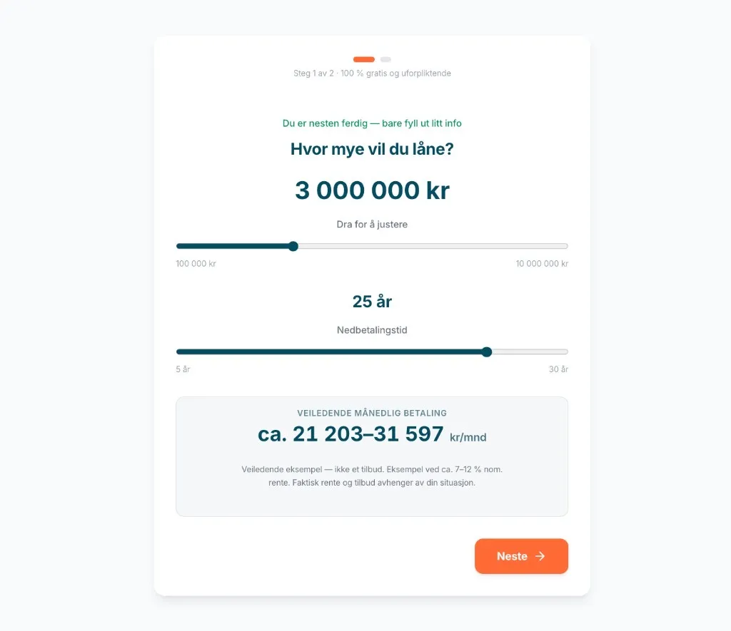 Lånekalkulator — beløp, nedbetalingstid og veiledende månedlig betaling