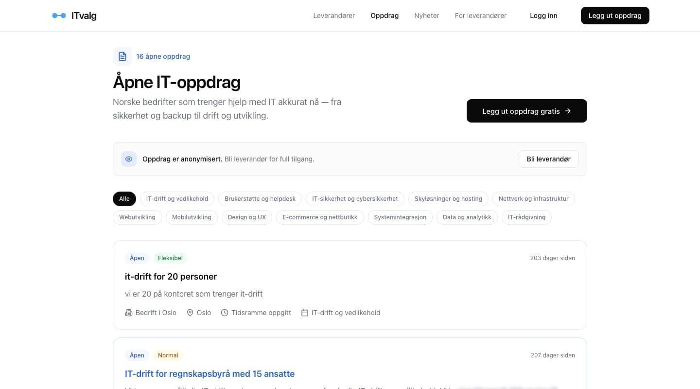Åpne IT-oppdrag — filtrering og anonymiserte oppdrag for leverandører